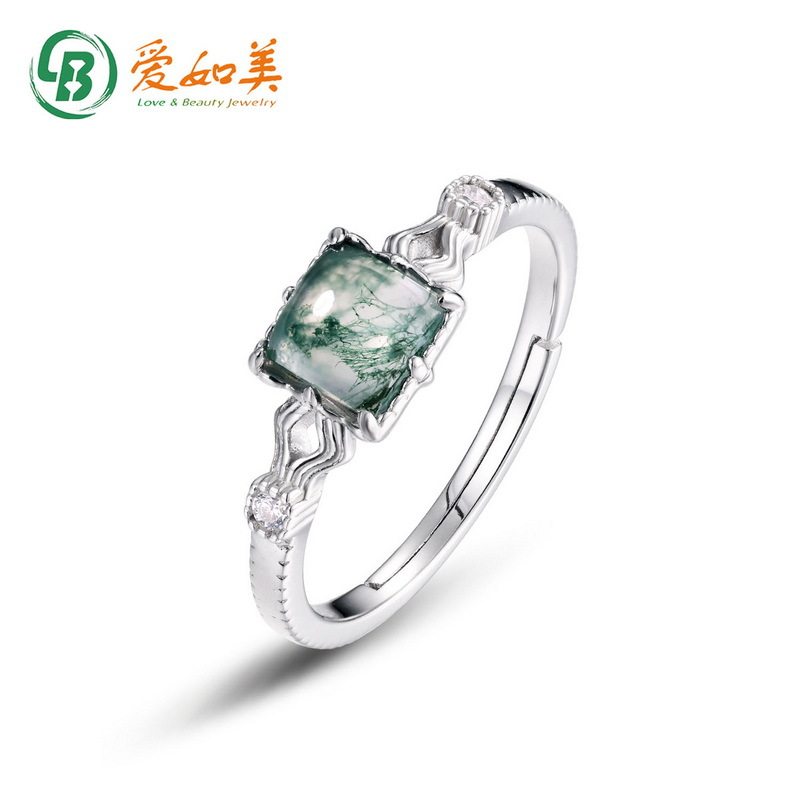 S925银渡18K金PT950铂金小方糖戒指时尚流行绿苔藓方块食指戒指环
