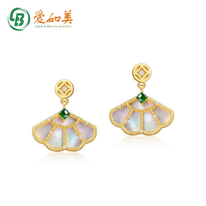 原创设计新中式翡翠扇子耳钉国潮S925银渡18K金PT950铂金白贝耳环