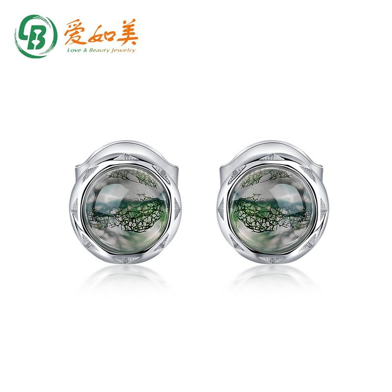 新款简约风耳环S925银渡18K金PT950铂金天然绿苔藓石耳钉女耳饰