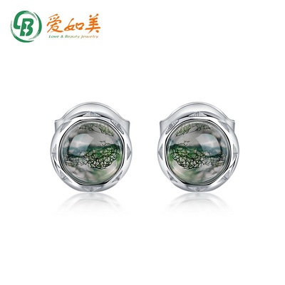 新款简约风耳环S925银渡18K金PT950铂金天然绿苔藓石耳钉女耳饰