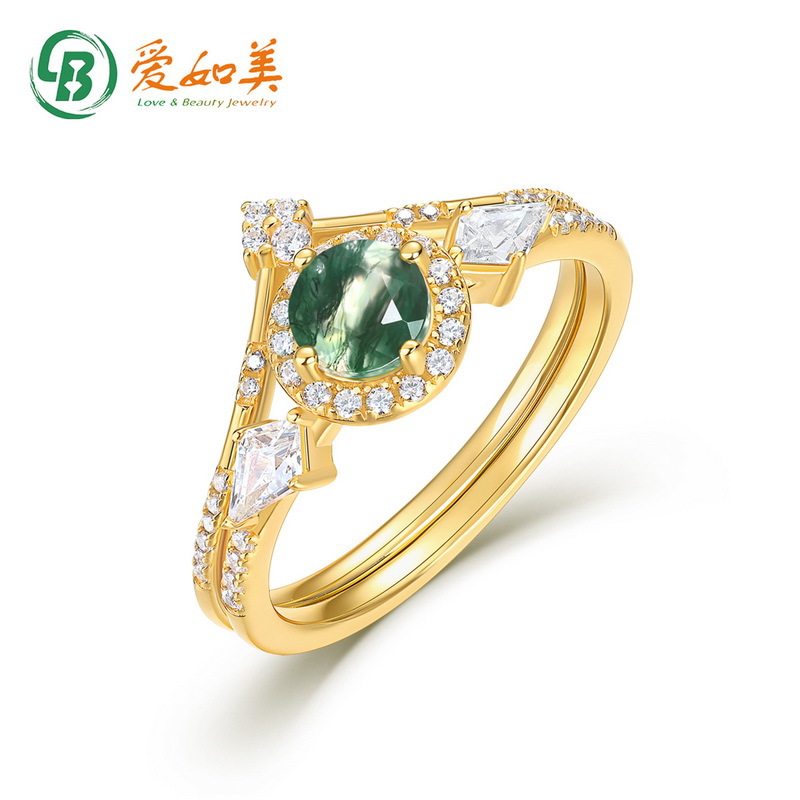 新款时尚个性绿苔藓戒指S925银渡18K金PT950铂金戒指套戒高级感