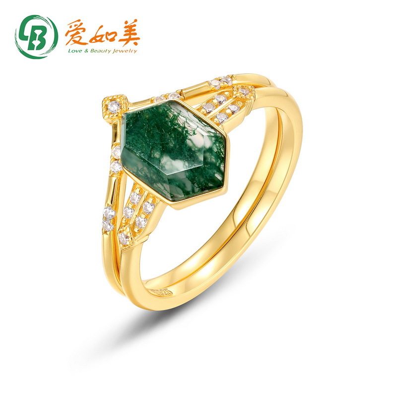 新款个性时尚天然绿苔藓戒指气质高级S925银渡18K金PT950铂金套戒