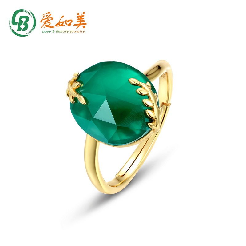 绿玛瑙柳树依依S925银渡18K金PT950铂金戒指女式简约叶子镀金指环