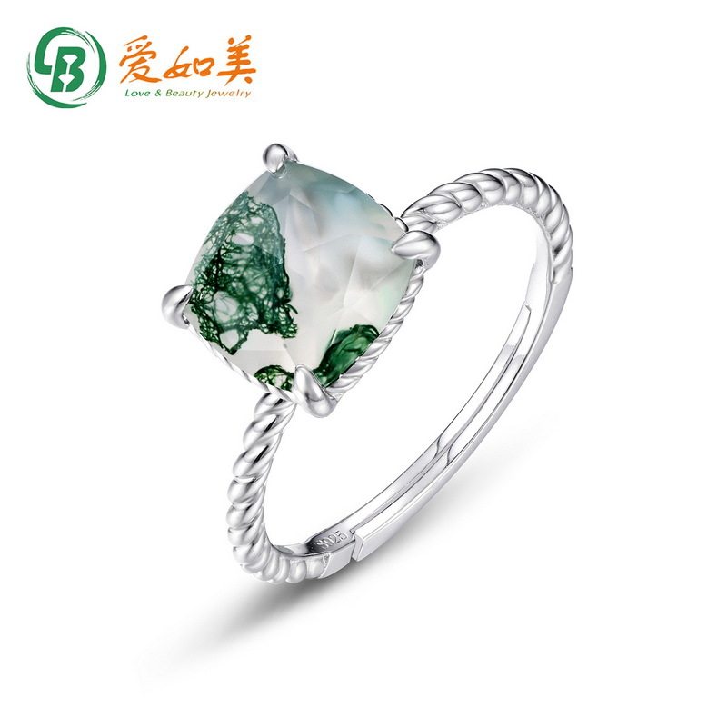 个性潮流水草玛瑙戒指女S925银渡18K金PT950铂金绿苔藓戒指简约