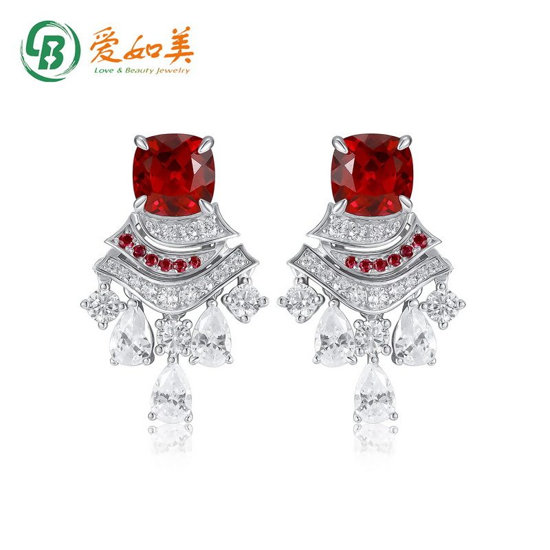 新款个性气质培育红宝耳钉轻奢S925银渡18K金PT950铂金小裙子耳坠