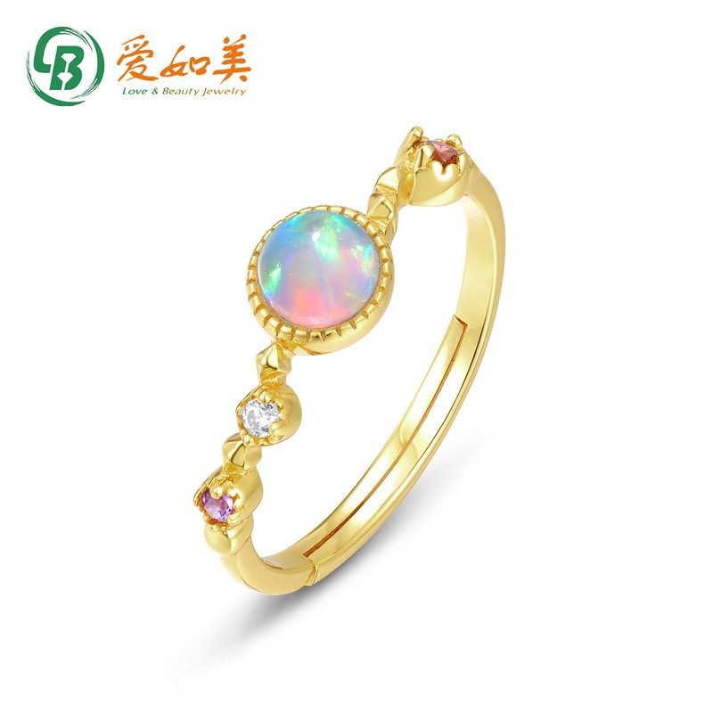 新款日系精致欧泊戒指女简约复古轻奢S925银渡18K金PT950铂金戒指