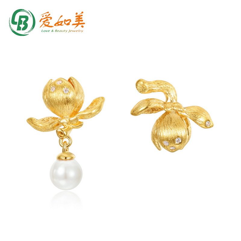 设计复古手工拉丝花朵耳钉女S925银渡18K金PT950铂金轻奢时尚珍珠