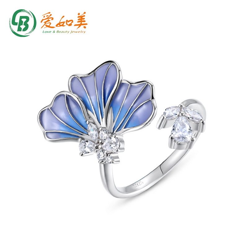 S925银渡18K金PT950铂金渐变空窗珐琅蓝色花瓣戒指女开口戒可调节