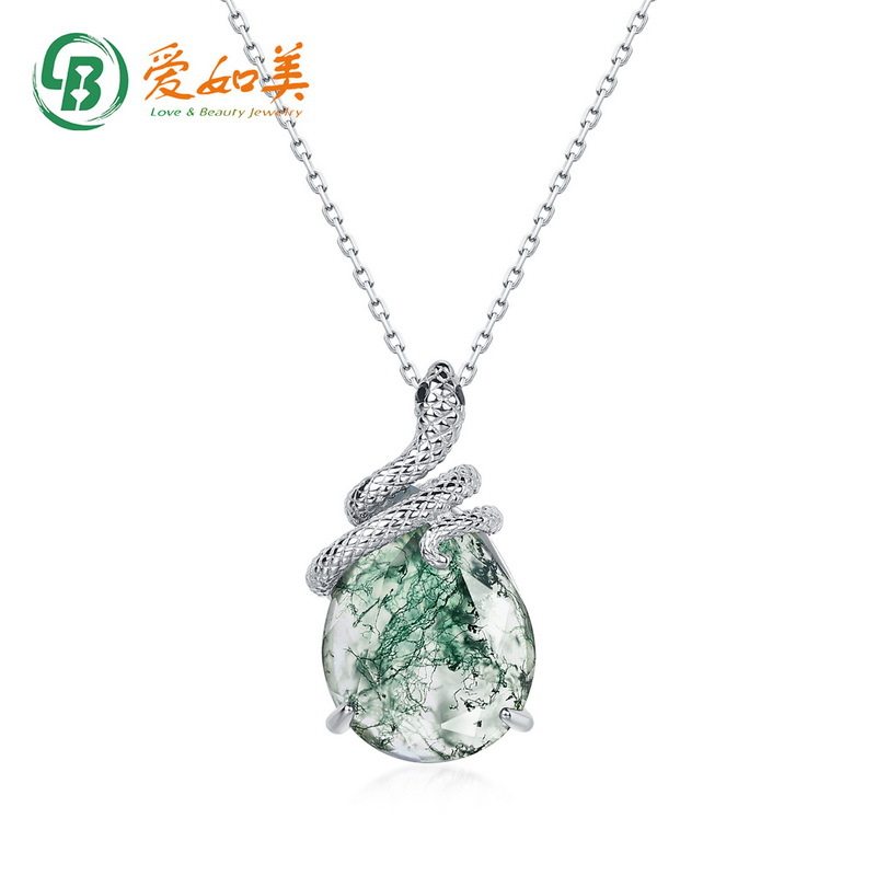 灵蛇天然绿苔藓石吊坠锁骨链时尚流行S925银渡18K金PT950铂金项链