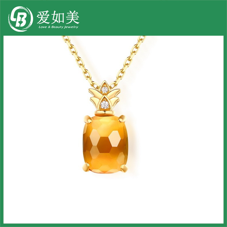 S925银渡18K金PT950铂金甜美活泼菠萝吊坠唯美粉水晶项坠女士项链