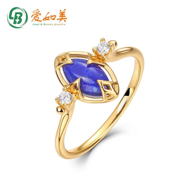 青金石戒指S925银渡18K金PT950铂金镶嵌白水晶戒指两面双戴款指环