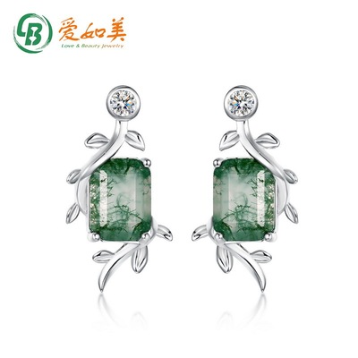 天然水草玛瑙两戴耳坠S925银渡18K金PT950铂金镶绿苔藓耳钉时尚