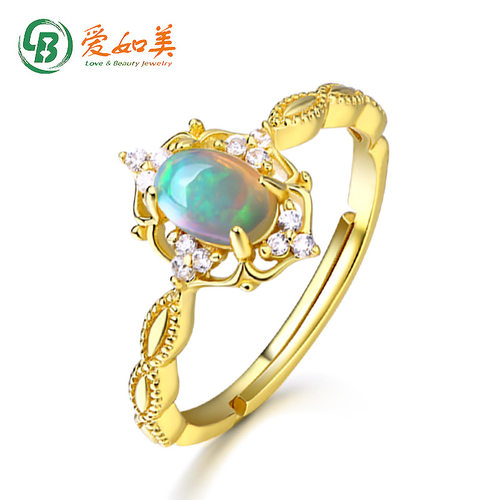 日系轻奢欧泊戒指花卉复古活口戒指S925银渡18K金PT950铂金戒指