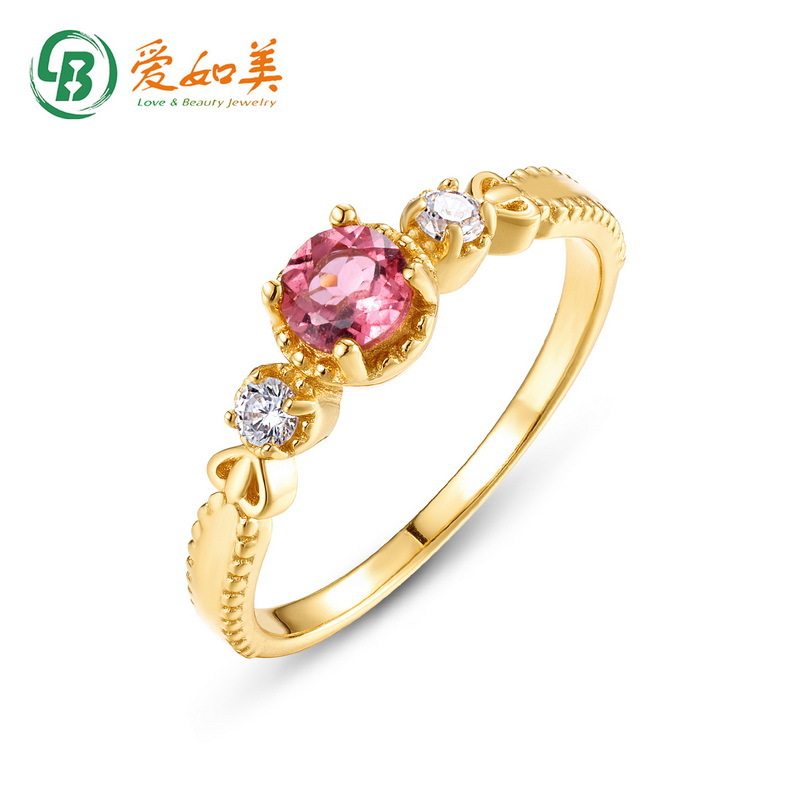 新款复古天然粉碧玺戒指女S925银渡18K金PT950铂金指环小众手饰