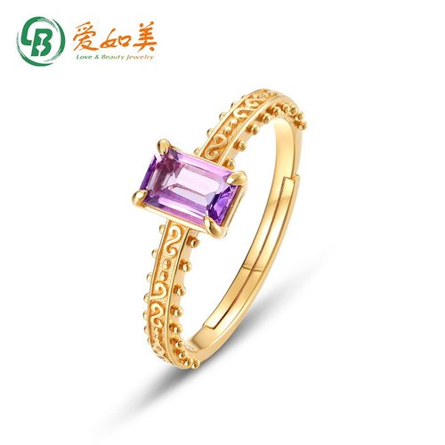 轻奢紫水晶戒指S925银渡18K金PT950铂金戒指女复古花纹宫廷风手饰