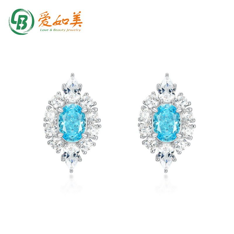 新款个性轻奢S925银渡18K金PT950铂金超闪耳环女浅海蓝莫桑石耳钉