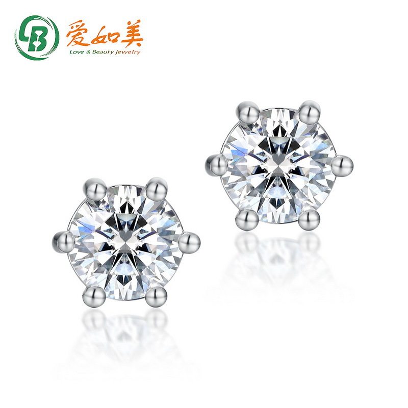 时尚简约S925银渡18K金PT950铂金耳环女经典六爪莫桑石镶嵌耳钉
