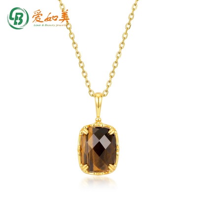 S925银渡18K金PT950铂金虎眼石双面吊坠小香风复古几何吊坠锁骨链