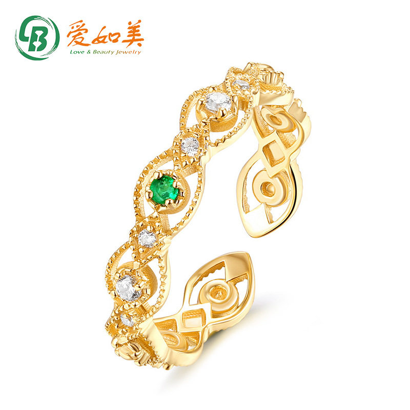 天然祖母绿指环镂空蕾丝花纹S925银渡18K金PT950铂金开口戒指女