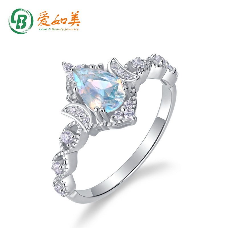 新款时尚轻奢七彩蓝月光戒指精工高级S925银渡18K金PT950铂金指环