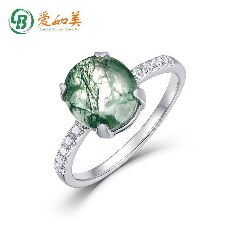 蛋形绿苔藓戒指女时尚流行S925银渡18K金PT950铂金水草玛瑙指环