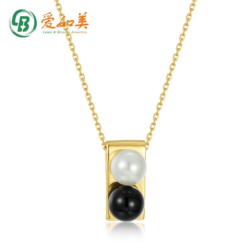 时尚简约S925银渡18K金PT950铂金黑玛瑙贝壳珍珠项链女黑白项链