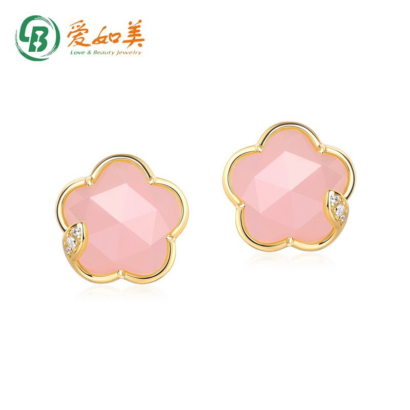粉色花朵耳钉女S925银渡18K金PT950铂金粉水晶耳环精致甜美耳饰