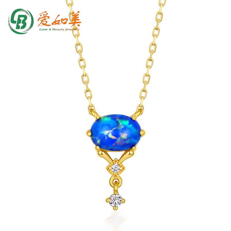 复古蓝色合成欧泊古典项链女S925银渡18K金PT950铂金精工彩宝颈饰