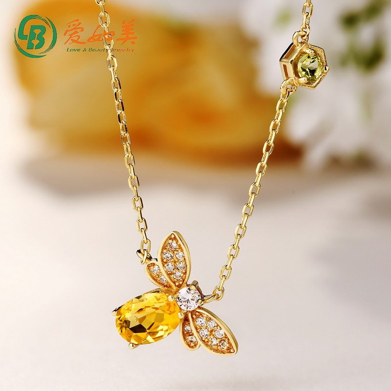 彩宝小众设计黄水晶橄榄石蜜蜂S925银渡18K金PT950铂金彩金项链