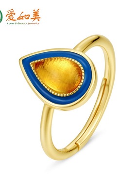 轻奢珠宝复古滴油水滴型镶天然琥珀戒指女S925银渡18K金PT950铂金