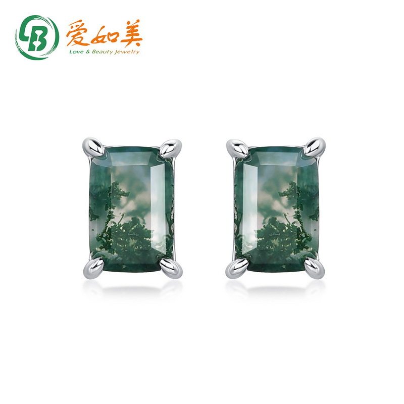 简约几何绿苔藓耳钉轻奢S925银渡18K金PT950铂金镶嵌水草玛瑙耳环