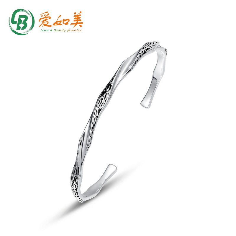 S925银渡18K金PT950铂金几何手镯女做旧复古感花纹白金手镯礼品