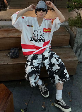 美式高街涂层闪粉破坏毛边廓形黑白色迷彩工装多口袋七分短裤