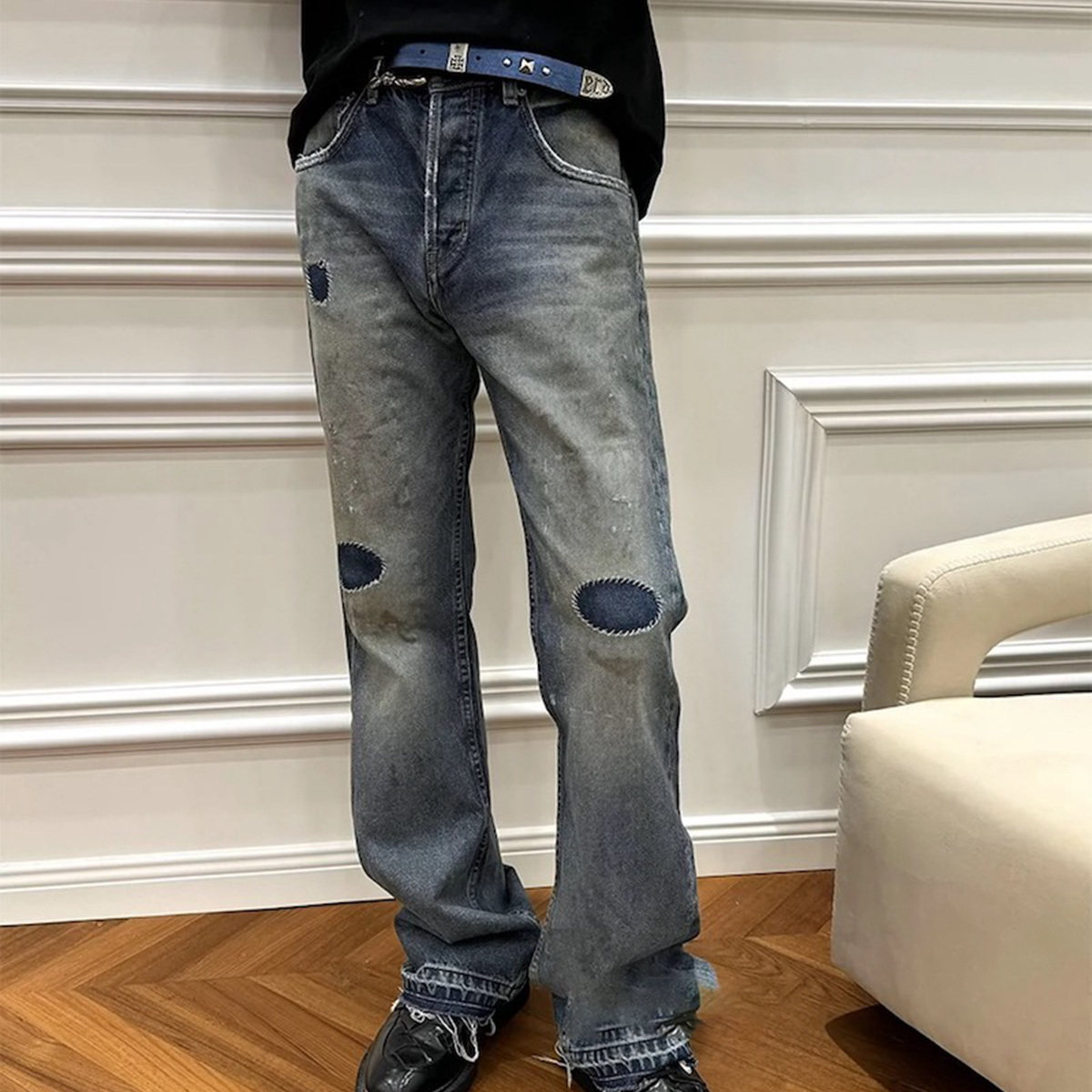 ERD风格美式复古忧郁的富二代补丁破坏泥染猫须微喇叭水洗牛仔裤