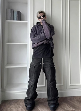 美式高街RO烟灰水洗做旧多口袋capper同款工装拖地阔腿牛仔裤