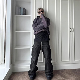 美式高街RO烟灰水洗做旧多口袋capper同款工装拖地阔腿牛仔裤