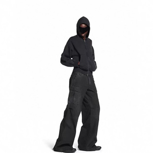 巴黎风格Cargo水洗喷砂做旧刀割破坏多口袋工装裤暗黑系高街长裤