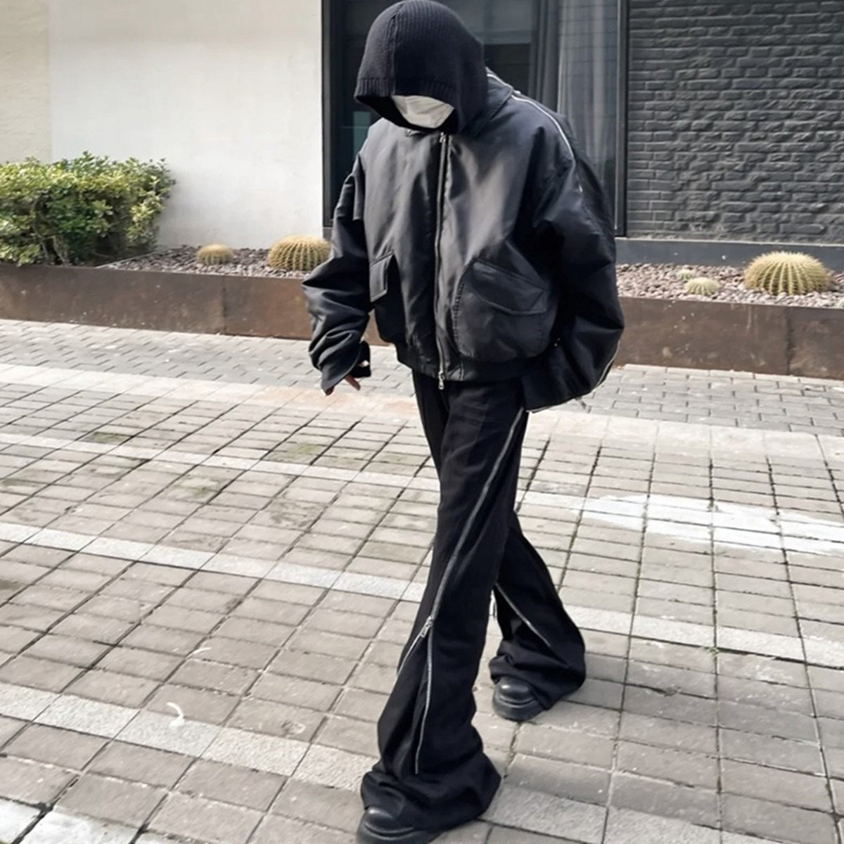 RO风格暗黑大拉链牛王宽松休闲飘带直筒喇叭堆积显瘦牛仔长裤