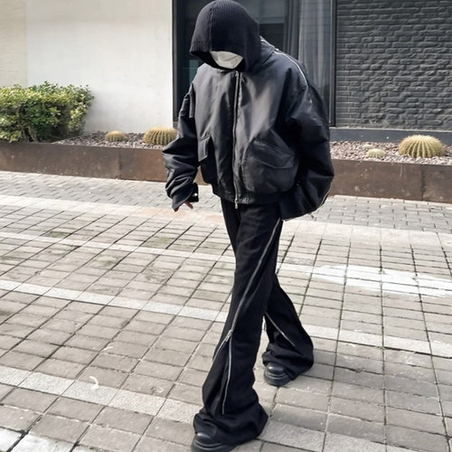 RO风格暗黑大拉链牛王宽松休闲飘带直筒喇叭堆积显瘦牛仔长裤