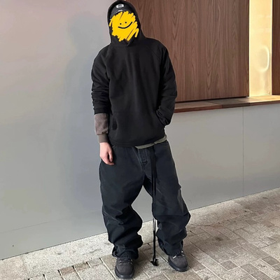 巴黎风格水洗灰黑双飘带直筒宽松baggy牛仔裤wook同款堆叠感长裤