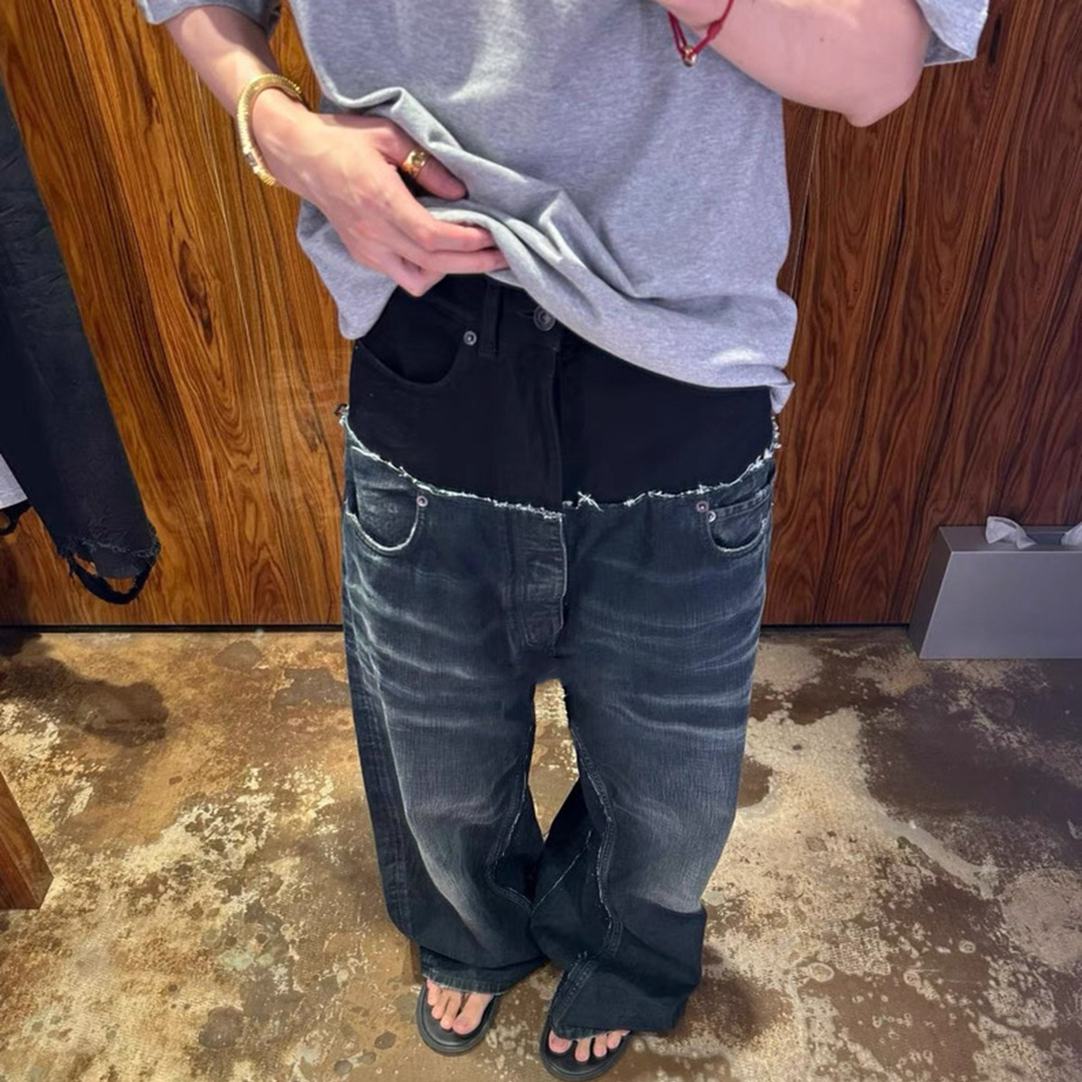 巴黎风格 24FW双层双腰拼接假两件水洗做旧破坏Baggy阔腿牛仔裤