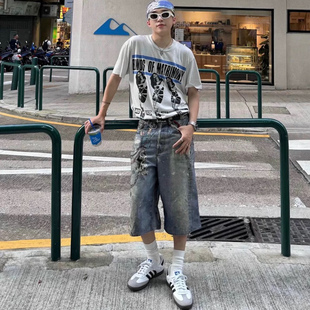 AC风格3D印花打印裤链条印花潮牌做旧泼墨牛仔裤男女同款五分短裤