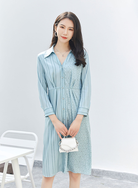 诗梦女装春夏绿色条纹连衣裙POLO翻领中长款衬衫裙单排扣收腰通勤