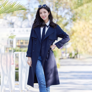 藏青色长风衣双排扣西装 新款 翻领休闲通勤外套 春季 诗梦品牌女装