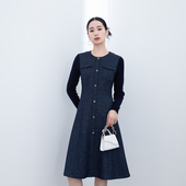 诗梦女装 藏青色小香风绵羊毛针织连衣裙收腰显瘦气质圆领华丽高贵