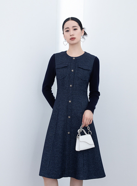 诗梦女装藏青色小香风绵羊毛针织连衣裙收腰显瘦气质圆领华丽高贵