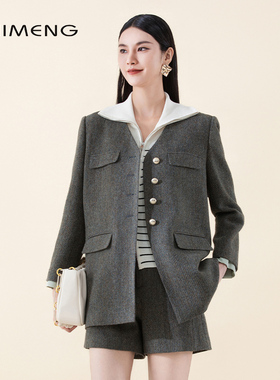 诗梦女装秋季新军绿色羊毛休闲外套V领单排扣直身版中长休闲西装