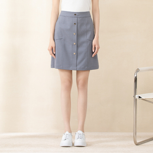 诗梦女装 型单排扣百搭减龄短裙 春夏高腰灰蓝色小半裙直筒小A字版