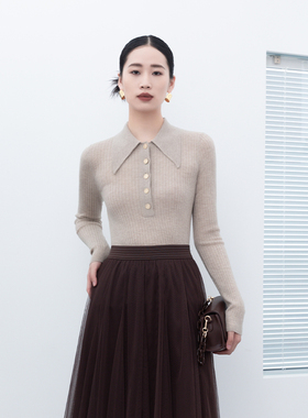 诗梦女装秋季新款羊毛衫POLO领卡其灰翻领修身长袖针织衫修身显瘦