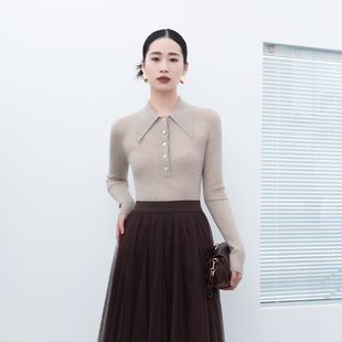 诗梦女装秋季新款羊毛衫POLO领卡其灰翻领修身长袖针织衫修身显瘦